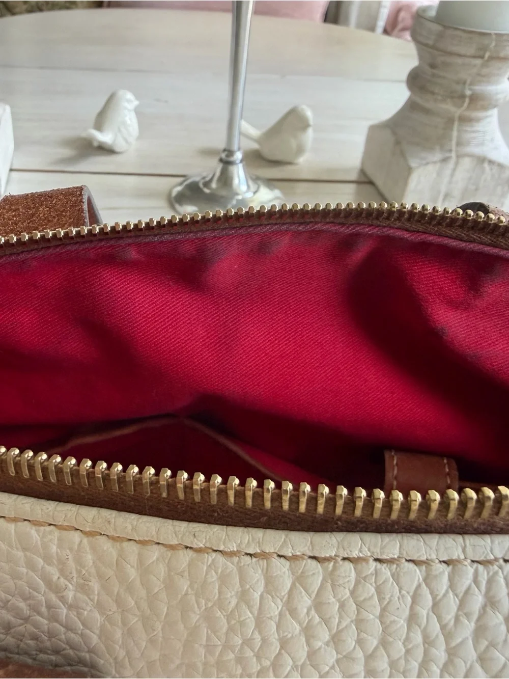 Dooney & Bourke White Pebble Leather Satchel with Brown Trim and Strap
